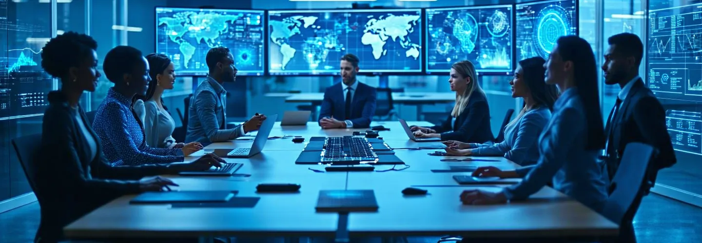 Professional development setting showing employees engaged with technology-enabled learning in a modern corporate environment