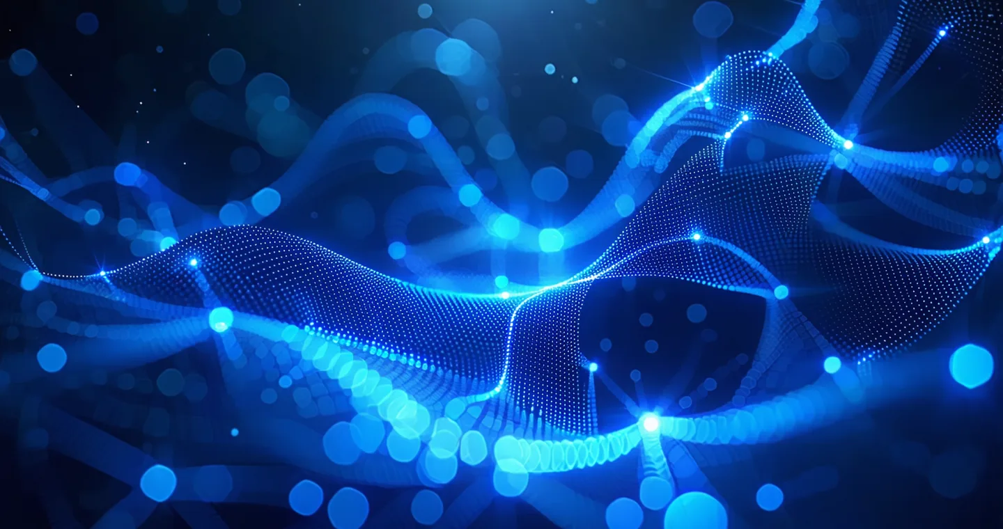 Abstract visualization of adaptive assessment intelligence — flowing neural network connection lines on deep indigo background with teal accent nodes