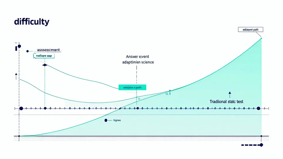 Adaptive assessment engine diagram showing difficulty calibration curve adjusting in real time based on learner response signals