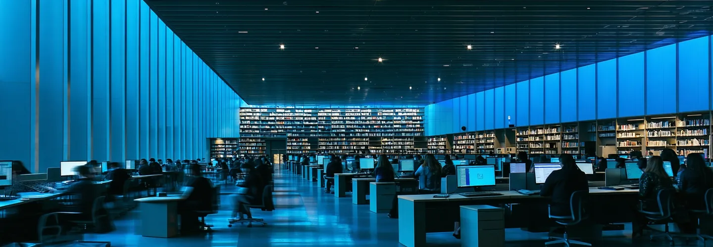 University campus library or lecture hall environment suggesting academic rigor and modern technology